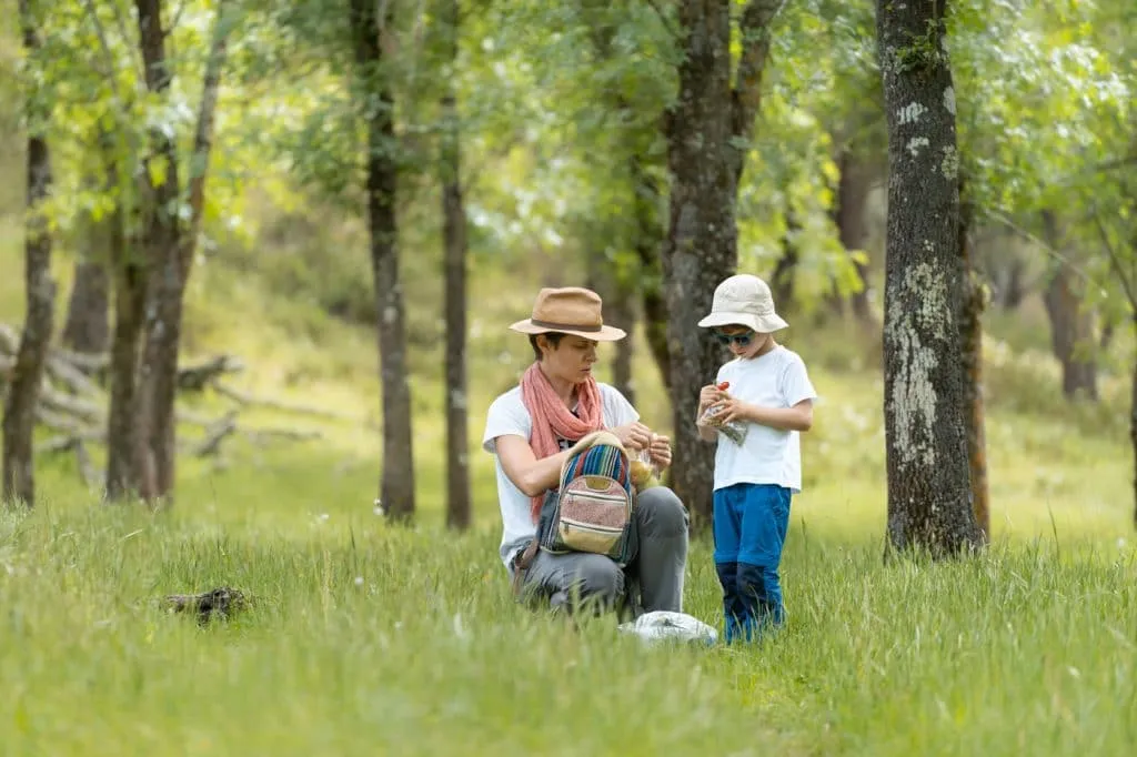 mother and son picnic in nature